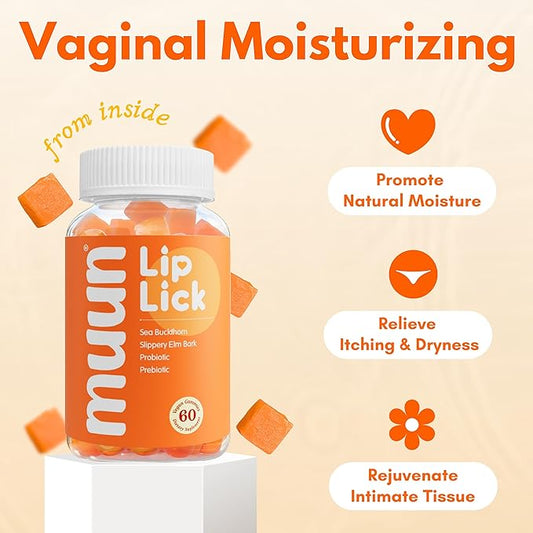 Muun Vaginal Dryness Gummy for Perimenopause Menopause with Slippery Elm Bark, Omega 6, 7, & 9, 3 Billion CFUs Probiotic, Prebiotic- Estrogen Free, Hormone Free Vaginal Moisturizer
