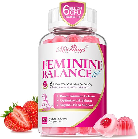Feminine Balance Gummies for Women, Premium Ph Balance Gummies with Probiotic for Vaginal Flora Balance, Immune Support Supplement, Gluten-Free, Strawberry Flavor with Liquid Filled, 60 Count