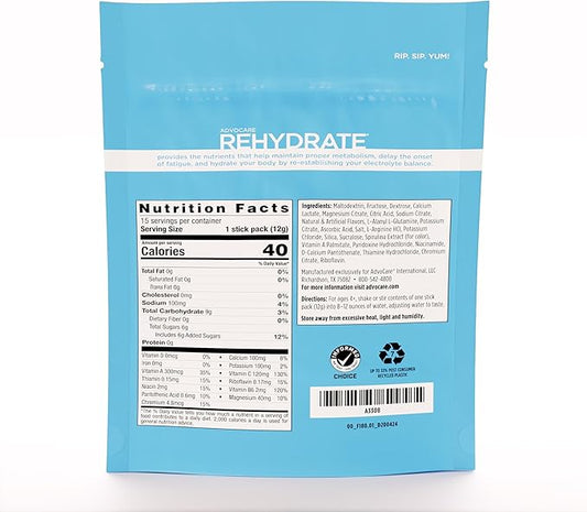AdvoCare Rehydrate Electrolyte Drink Mix - Hydration & Recovery Drink with Sodium, Potassium & More - Berry Lemon Ice - 15 Hydration Packets