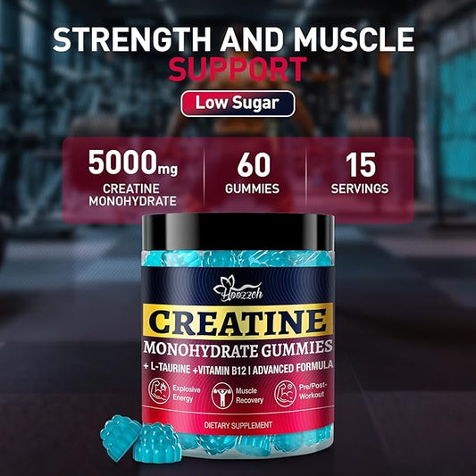 Creatine Monohydrate Gummies for Men & Women, Creatine Supplement, Chewables Creatine Gummy, Gluten-Free, Blueberry Flavor, 60 Count