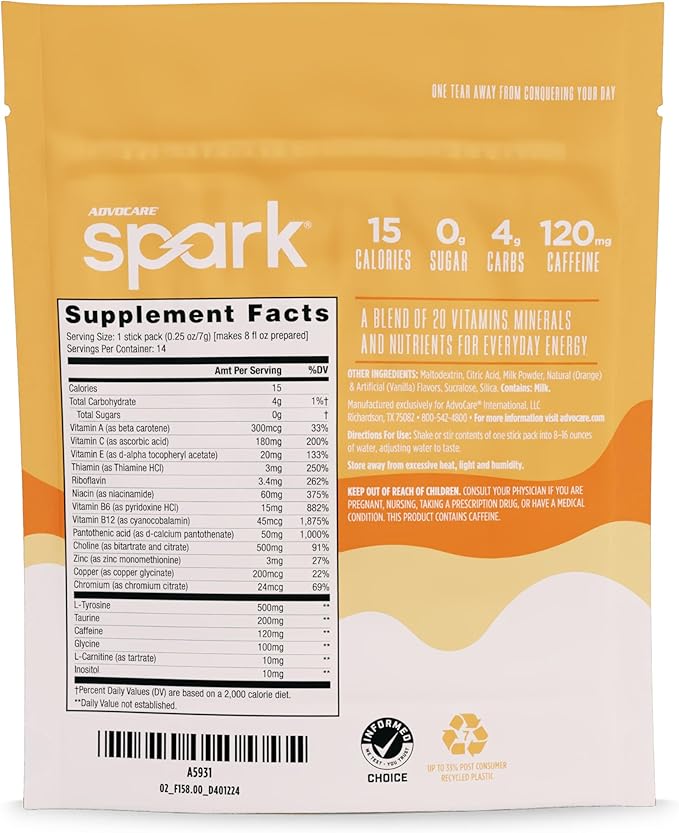 AdvoCare Spark Vitamin & Amino Acid Supplement - Focus & Energy Drink Powder Mix with Vitamin A, B-6, C & E - Also Includes L-Carnitine & L-Tyrosine - Orange Cream Float, 14 Stick Packs