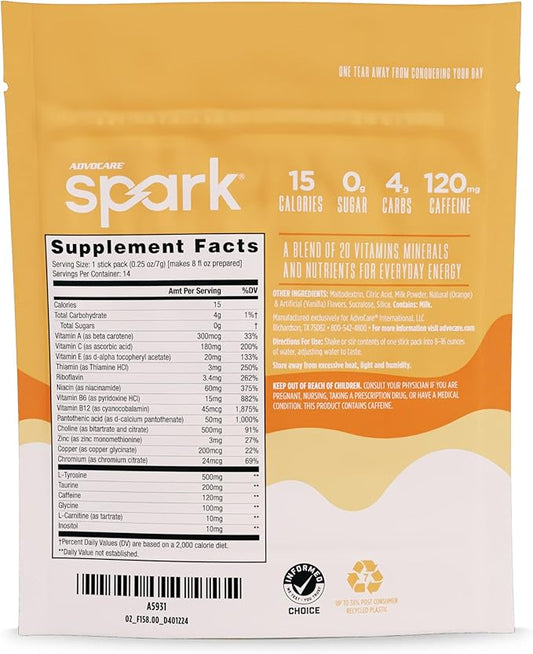AdvoCare Spark Vitamin & Amino Acid Supplement - Focus & Energy Drink Powder Mix with Vitamin A, B-6, C & E - Also Includes L-Carnitine & L-Tyrosine - Orange Cream Float, 14 Stick Packs
