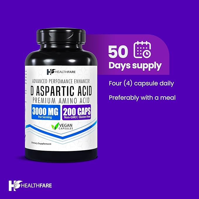 D-Aspartic Acid 3000mg | 200 Vegan Capsules | Premium Amino Acid Supplement | Non-GMO, Gluten-Free | Made in The USA