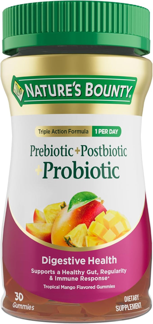 Nature's Bounty Pre + Pro + Postbiotic Gummies for Digestive Health, Immune Support - Probiotic Gummies for Gut Health, Tropical Mango Flavor, 30 Ct