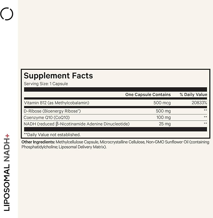 Codeage Liposomal NADH+ Supplement - NADH, Vitamin B12, D-Ribose as Bioenergy Ribose, CoQ10-2-Month Supply - Liposomal Delivery - β-Nicotinamide Adenine Dinucleotide Pills - Non-GMO - 60 Capsules