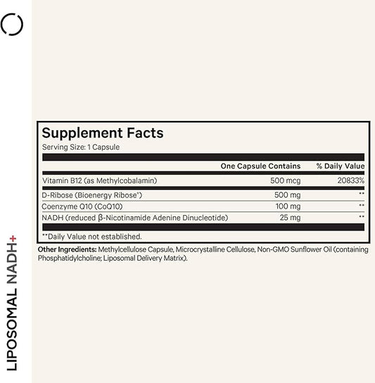 Codeage Liposomal NADH+ Supplement - NADH, Vitamin B12, D-Ribose as Bioenergy Ribose, CoQ10-2-Month Supply - Liposomal Delivery - β-Nicotinamide Adenine Dinucleotide Pills - Non-GMO - 60 Capsules