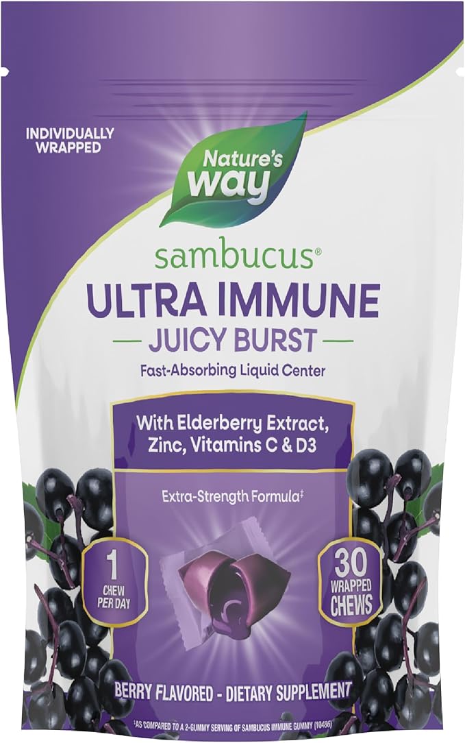 Nature’s Way Sambucus Ultra Immune Juicy Burst, Extra-Strength Formula(1), Immune Support*, Vitamins C & D3, Zinc, Elderberry Extract, 30 Berry Flavored Chews