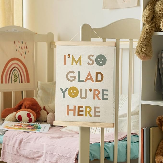Nrleey I'm So Glad You're Here Wall Decor with Wooden Poster Hanger - Boho Classroom Decor, Positive Affirmations Motivational Wall Art Posters for Classroom, Teacher Gifts, 12x16 Inch