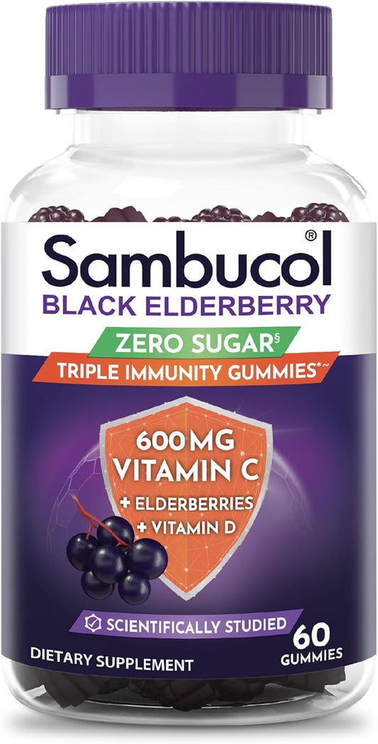Sambucol Black Elderberry Zero Sugar Triple Immunity Gummies - Black Elderberry Vitamin C Immune Support Supplement, Gummy with Vitamin D for Adults and Kids - 60 Gummies (Pack of 1)