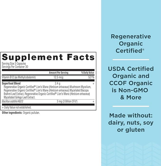 Ancient Nutrition Regenerative Organic Certified Focused Brain Capsules, Made with Ginkgo Leaf, Lion's Mane to Help Reduce Stress, Gluten Free, Paleo and Keto Friendly, 90 Count