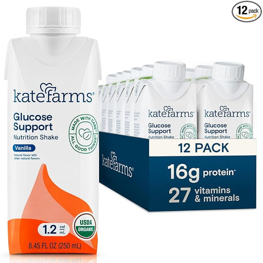 KATE FARMS Organic 1.2 Glucose Support Shake, Vanilla, 16g Protein, 27 Vitamins and Minerals, Diabetic Nutrition Meal Replacement, 8.45 oz (12 Pack)