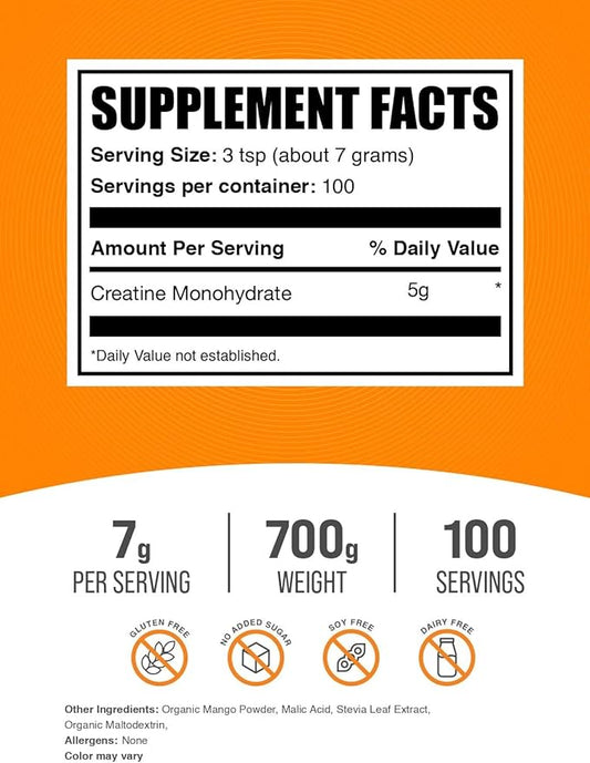 BulkSupplements.com Creatine Monohydrate Powder - Creatine Flavored Powder Supplement, Micronized - Mango Tango Flavor, 7g per Serving, 700g (1.5 lbs) (Pack of 1)