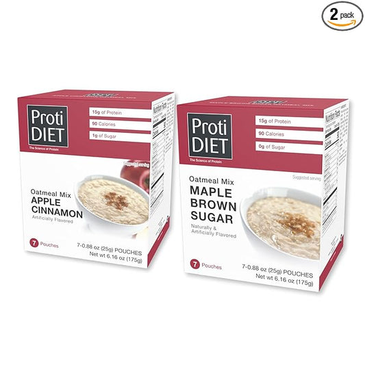 ProtiDIET High Protein Oatmeal, Maple Brown Sugar and Apple Cinnamon - 14 Packets - Sugar Free Instant Oatmeal - High Protein Oats, Rich in Fiber - Healthy Breakfast