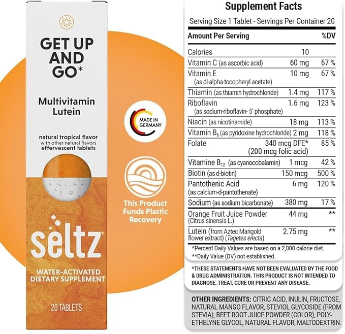 Seltz® Water-Activated Vitamins - Get Up and Go with Multivitamin and Lutein – Natural Tropical Flavor Dietary Supplement - 6 Packs x 20 Effervescent Tablets Each