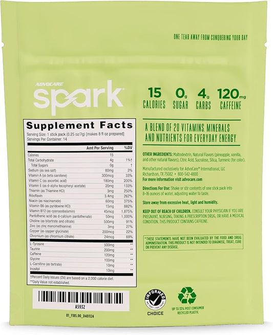 AdvoCare Spark Vitamin & Amino Acid Supplement - Focus & Energy Drink Powder Mix with Vitamin A, B-6, C & E - Also Includes L-Carnitine & L-Tyrosine - Pineapple Whip, 14 Stick Packs