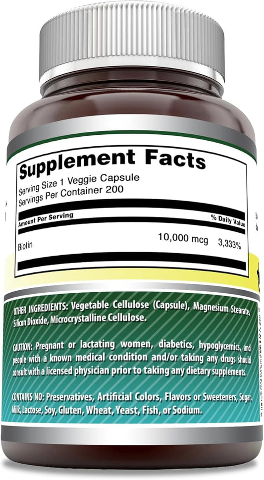 Amazing Formulas Biotin 10000 mcg Veggie Capsules | Vitamin B7 Supplement | Non-GMO | Gluten Free | Made in USA (200 Count | 3 Pack)