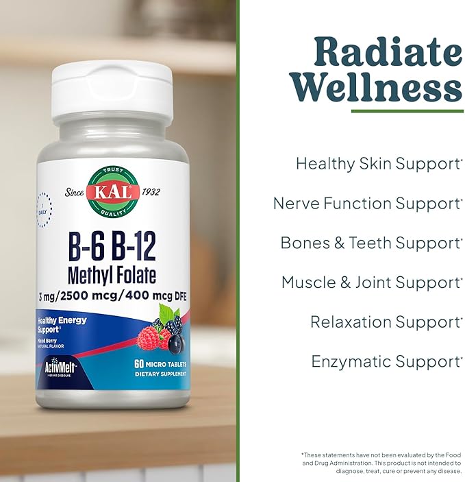 KAL Vitamin B-6 B-12 Methyl Folate ActivMelt, Vitamin B Supplement, Heart Health, Energy and Red Blood Cell Support with Methyl B12 and DFE Folic Acid, Natural Berry Flavor, 60 Servings, 60 Micro Tabs