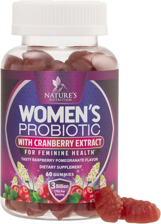Probiotics for Women Gummies with Cranberry - 6 Premium Strains for PH Balance, Digestive Health, Vaginal & Immune Support, 3 Billion CFU, Women's Probiotic Gummy for Feminine Health - 60 Gummies