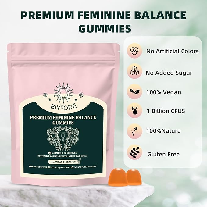 Feminine Balance Gummies, Premium Balance Supplement for Women PH Health, Immune Support, Vegan, Gluten-Free, Hawaiian Pineapple 60 Gummies 30 Servings