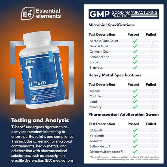 Essential Elements Male Health Supplement - Muscle Support & T-Health with DIM, Ashwagandha, Shilajit, More | T-Hero 60 Vegan Capsules (2-Pack)