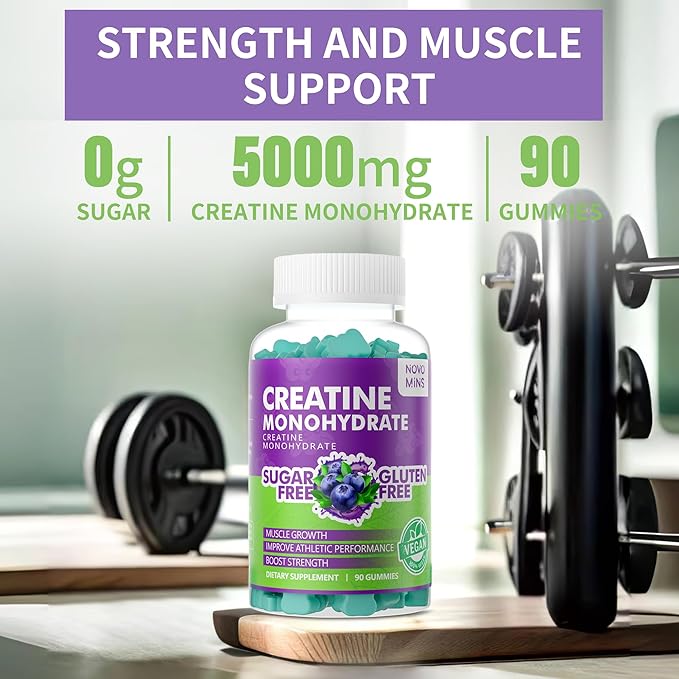 novomins Creatine Monohydrate Gummies 5000mg for Men & Women, Chewables Creatine Monohydrate for Muscle Strength, Muscle Builder, Energy Boost, Pre-Workout Supplement(90 Count)-Blueberry Flavor.