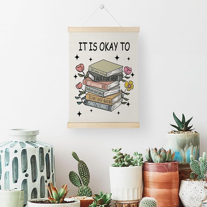 Nrleey It Is Okay to Mental Health Wall Decor with Wooden Poster Hanger - Therapy Office Decor, Inspirational Motivational Wall Art Posters for School Counselor Therapist Office, 12x16 Inch