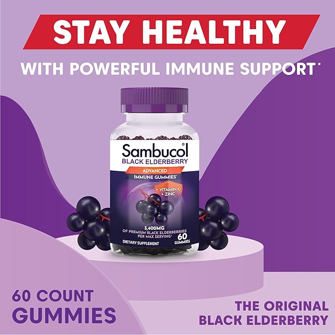 Sambucol Black Elderberry Gummies with Vitamin C & Zinc - Sambucus Elderberry Gummies for Immune Support, High Antioxidants, Gluten Free, Vegan, Elderberry with Zinc & Vitamin C for Adults - 60 Count
