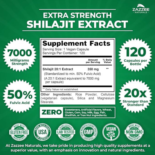 Zazzee 100% Pure Himalayan Shilajit 20:1 Extract, 7000 mg Strength per Capsule, 50% Fulvic Acid, 120 Servings per Bottle, 20X Potency, Rich in Trace Minerals, Non-GMO, Vegan, Made in The USA