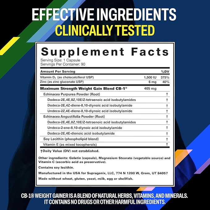 CB-1 Weight Gainer Pills (90 Count) | Weight Gain Support for Women & Men | Clinically Tested Appetite Booster | Powerful Mass Gainer