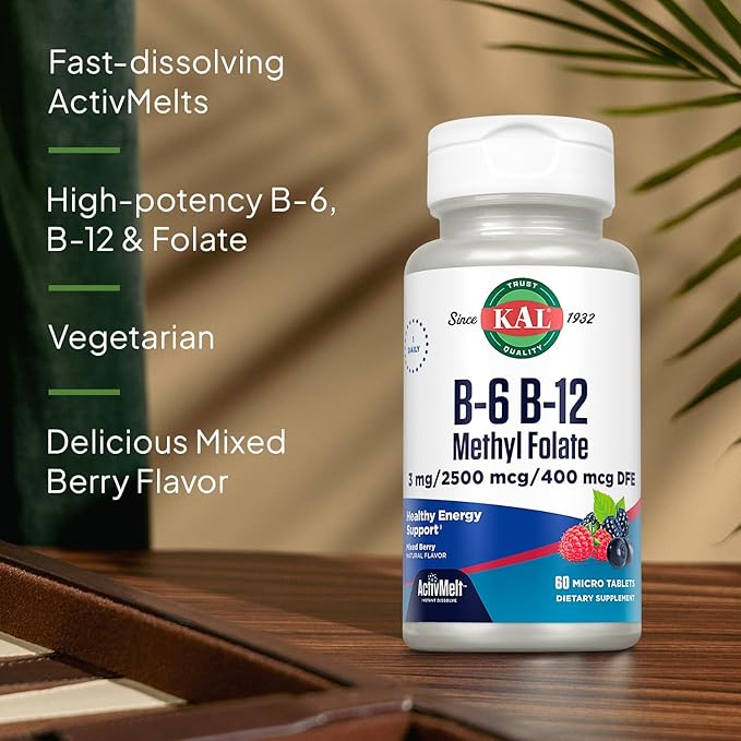 KAL Vitamin B-6 B-12 Methyl Folate ActivMelt, Vitamin B Supplement, Heart Health, Energy and Red Blood Cell Support with Methyl B12 and DFE Folic Acid, Natural Berry Flavor, 60 Servings, 60 Micro Tabs