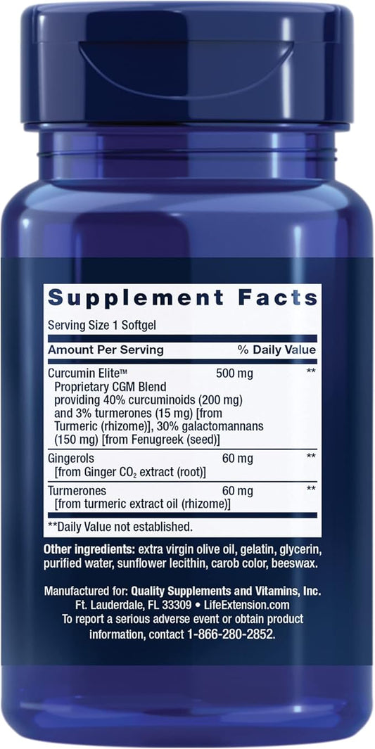 Life Extension Advanced Curcumin Elite Turmeric Extract, Ginger & Turmerones – for Inflammation Health Support and Cardiovascular & Brain Health – Gluten-Free, Non-GMO – 30 Softgels
