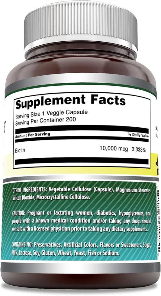 Amazing Formulas Biotin 10,000 Mcg Supplement | 200 Veggie Capsules | Non-GMO | Gluten-Free | Made in USA | Suitable for Vegetarians