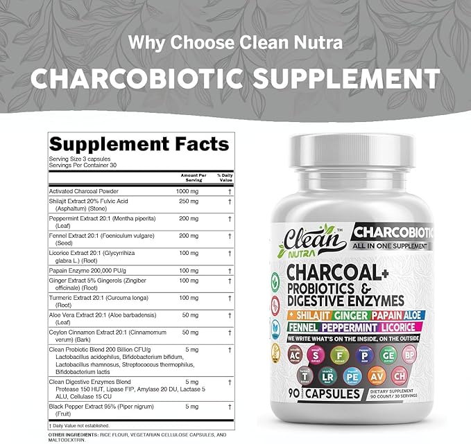 Clean Nutra Activated Charcoal Capsules Shilajit Pills Probiotic Digestive Enzymes for Digestive Health with Peppermint Fennel Licorice Papain Ginger Turmeric | Gut Health