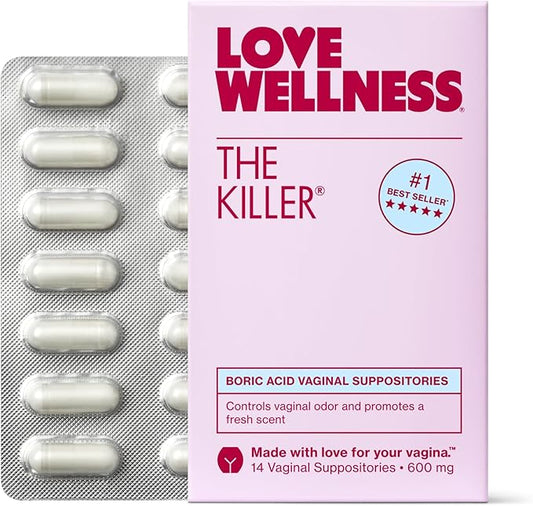 Love Wellness The Killer | Boric Acid Vaginal Suppositories | Balances pH & Supports Odor Control, a Healthy Vaginal Balance and Environment | Fast-Acting & Fragrance-Free | Gentle & Effective | 14 Ct