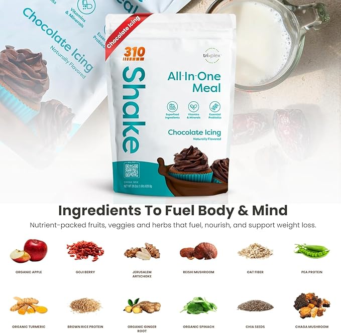 310 Nutrition All-In-One Meal Replacement Shake Powder - Plant-Based Protein Smoothie Blend w/High Fiber, Probiotics & Adaptogens - Low Carb, Vegan, Keto & Paleo Friendly - Chocolate Icing - 28 Srv