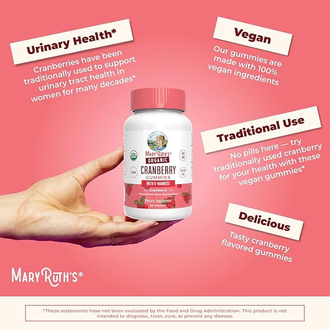 MaryRuth Organics Organic Cranberry Gummies - 500mg Supplement | Urinary Tract Health for Women | with D Mannose | Traditional Use | USDA Organic | Vegan | Non GMO | 30 Servings