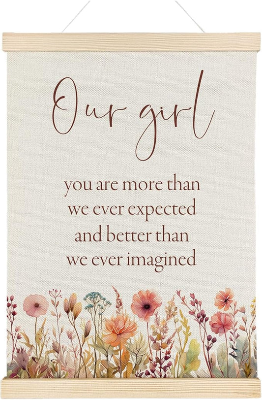 Nrleey Girl Nursery Wall Decor with Wooden Poster Hanger - Baby Girls Room Decor, Our Girl Inspirational Wall Art Posters for Toddler Little Girls Room Bedroom Playroom,12x16 Inch