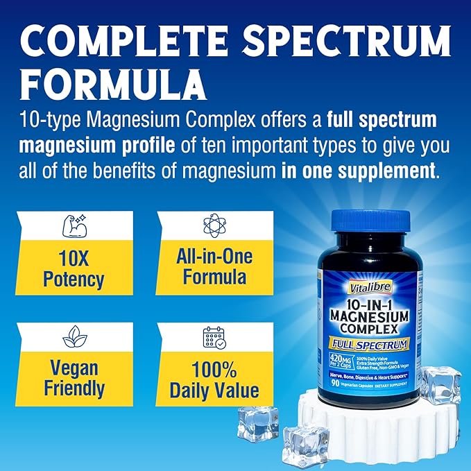 10 in 1 Magnesium Complex, 420mg Elemental Magnesium | Ultra Strength, Max Absorption | Chelated Magnesium Supplement for Sleep, Nerves & Heart Health | Non-GMO, 90 Vegan Capsules