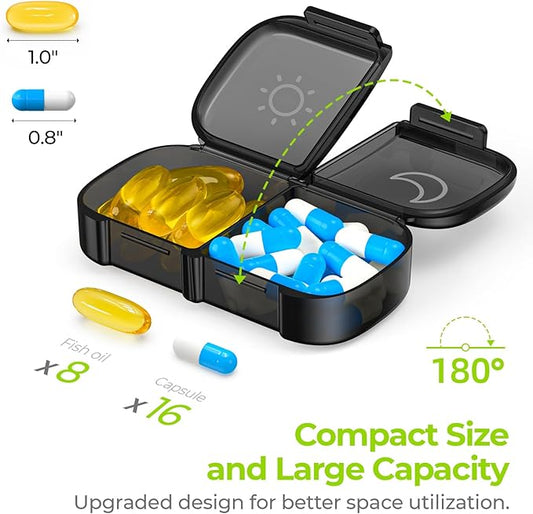 AUVON XL Weekly Pill Organizer 2 Times a Day, Pill Box 7 Day with One-Side Large Openings for Easy to Use, Black Privacy Protection AM PM Pill Case for Medication, Vitamins, Fish Oils, Supplements