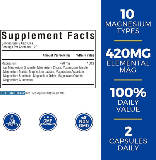 10 in 1 Magnesium Complex, 420mg Elemental Magnesium | Ultra Strength, Max Absorption | Chelated Magnesium Supplement for Sleep, Nerves & Heart Health | Non-GMO, 240 Vegan Capsules