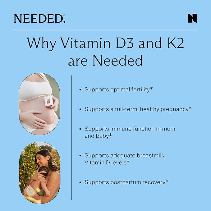 Needed. Expertly-Formulated Prenatal Vitamin D3/K2 | for Fertility, Pregnancy Breastfeeding, and Postpartum, Healthy Immunity and Bone Development, Supports Breast Milk Vitamin D Levels | 60 Capsules