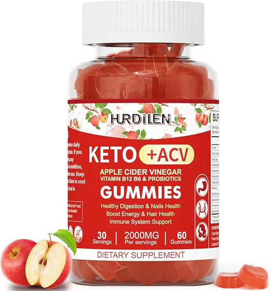 Keto ACV Gummies - 2000mg Apple Cider Vinegar Gummies with Probiotics, Vitamin B12 & B6 for Digestion, Energy Boost, Immunization & Hair Health - 60 Count No Sugar, Non-GMO, Gluten-Free for Women Men