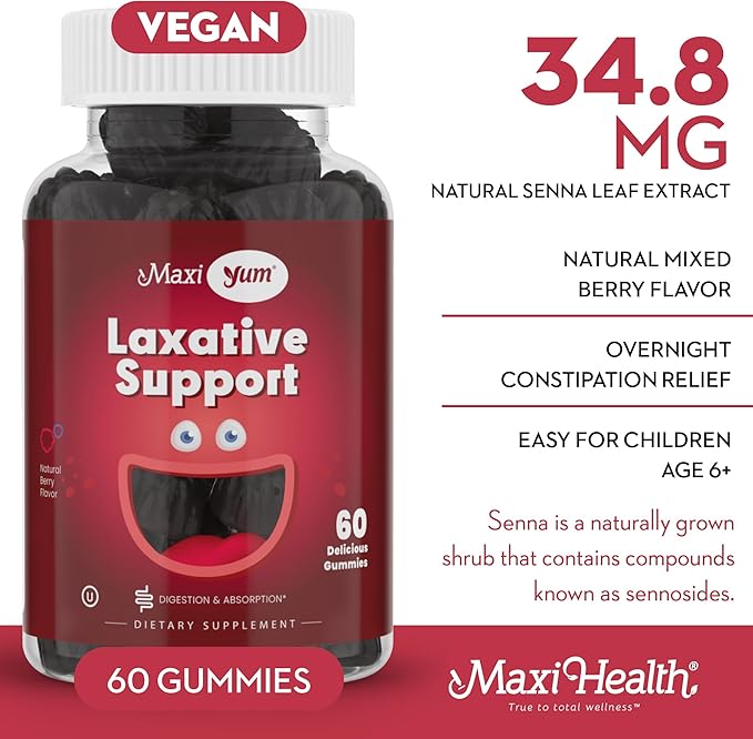 Maxi Health Natural Laxative Gummies for Adults and Kids – Non-GMO and Vegan Senna Stool Softener Gummies – Berry Flavor Chewable Laxatives for Constipation Support (60 Count)
