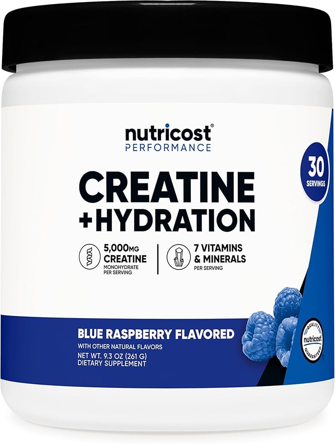 Nutricost Creatine Monohydrate + Hydration Blue Raspberry Flavored (30 Servings) - 7 Vitamins & Minerals, 5000mg of Creatine Per Serving