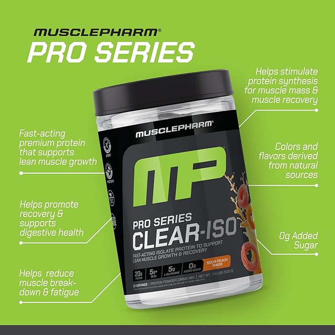 MusclePharm Pro Series Clear-ISO, Clear Protein Powder, 20g Fast-Acting Whey Isolate per Serving Plus BCAAs & L Glutamine | Pro-Grade Muscle Recovery & Growth | Sour Peach Rings, 1.14 lb, 20 Servings
