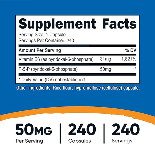 Nutricost P5P Vitamin B6 Supplement 50mg, 240 Capsules (Pyridoxal-5-Phosphate) - Vegetarian Friendly, Non-GMO, Gluten Free