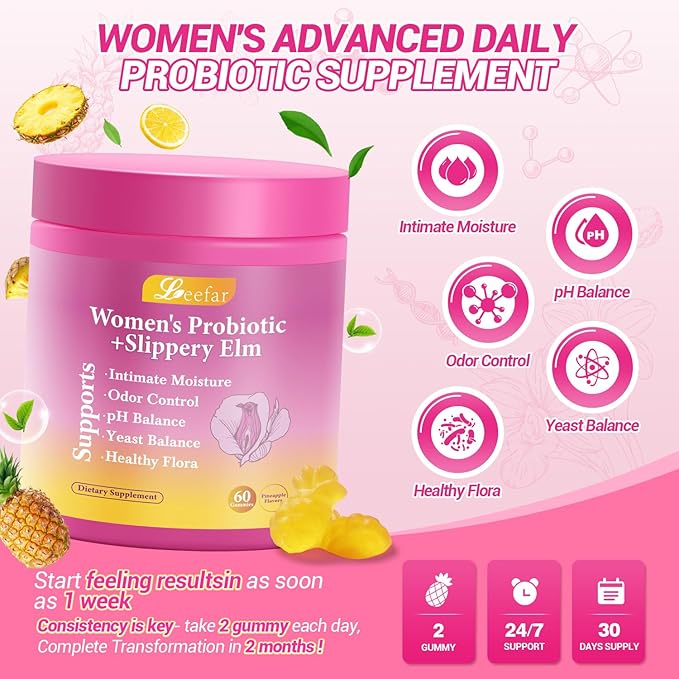 Her Juicy Feminine Probiotics Gummies, Premium Feminine Balance Gummies with Slippery Elm for Women's pH Balance and Freshness - Women Probiotic Pineapple Gummies 30-Day Supply