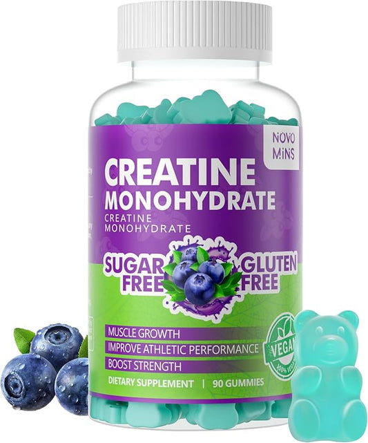 novomins Creatine Monohydrate Gummies 5000mg for Men & Women, Chewables Creatine Monohydrate for Muscle Strength, Muscle Builder, Energy Boost, Pre-Workout Supplement(90 Count)-Blueberry Flavor.