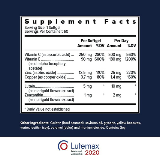 AREDS2 Based Eye Vitamin-Mineral Supplement (120 ct. 60 Day Supply) - AREDS2 Based Supplement for Eyes - Low Zinc Formula - Eye Vision Supplement and Vitamin
