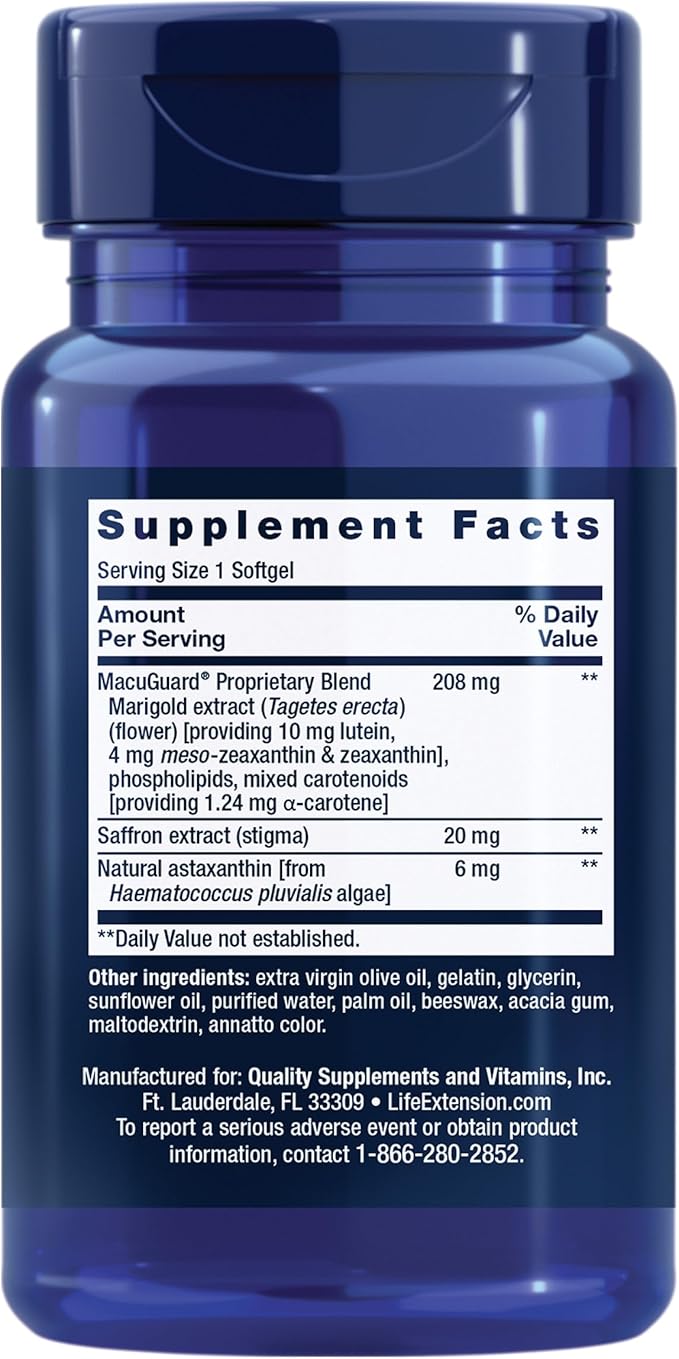 Life Extension MacuGuard Ocular Support with Saffron & Astaxanthin – Eye Health Supplement for Healthy Vision – with Lutein, zeaxanthin, Meso-zeaxanthin – Gluten-Free, Non-GMO – 60 softgels